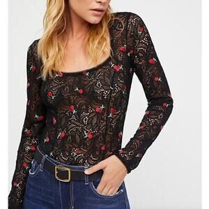Free People Cherry Embroidered Black lace Top